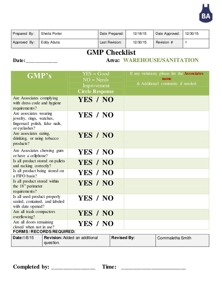 GMP checklist WAREHOUSESANITATION