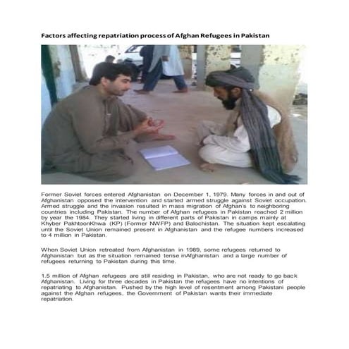 Factors affecting repatriation process of Afghan Refugees in Pakistan ...