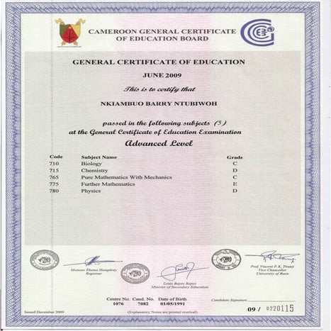 GCE A Level Certificate