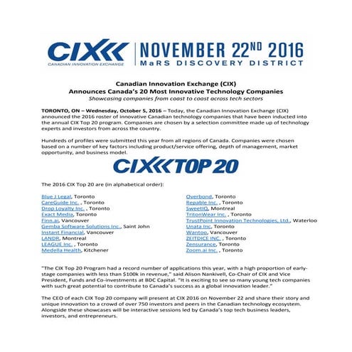 CIX 2016 Top 20 - Press Release Date Oct 5 2016-2