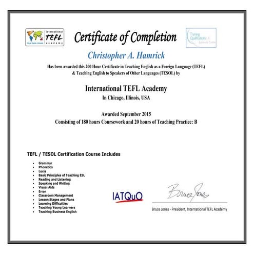 Hamrick, Christopher - TEFL Certificate | PDF