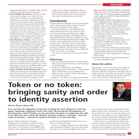 March 2014 - Biometric Technology Today - Token-less Tech Byline