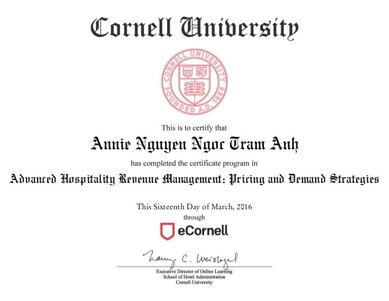 Cornell University Certificate Advanced Hospitality Revenue Managem…