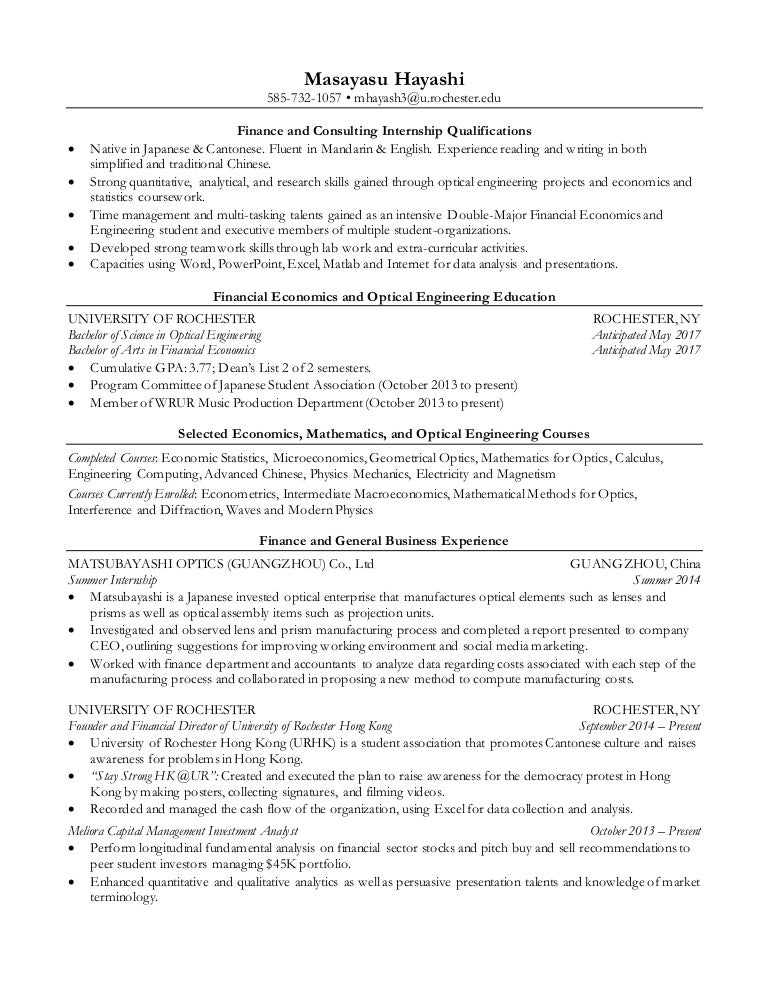 masayasu hayashi finance and consulting internship resume finance resume modern internship