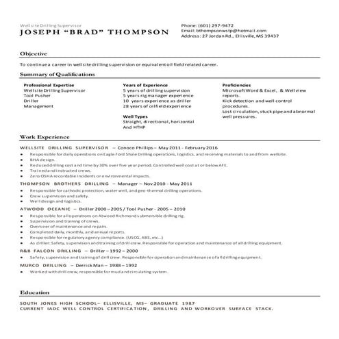 J.B. Thompson Drilling Supervisor Resume'