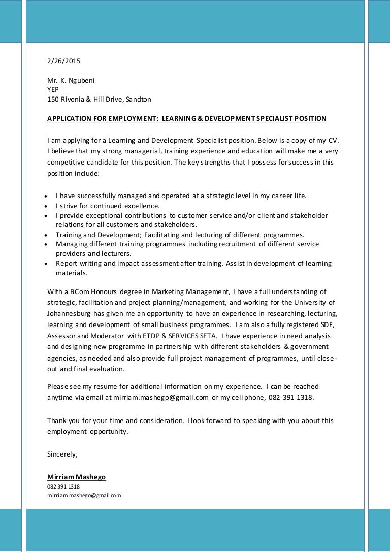 covering letter cv for learning development specialist resume for training and development