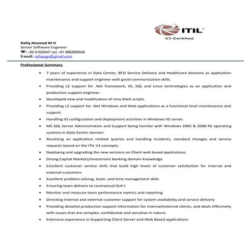 Rafiq AHAMED 7 Years of Exp in Application and Production Support Engineer