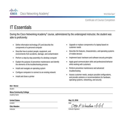 A+ Certificate of Completion