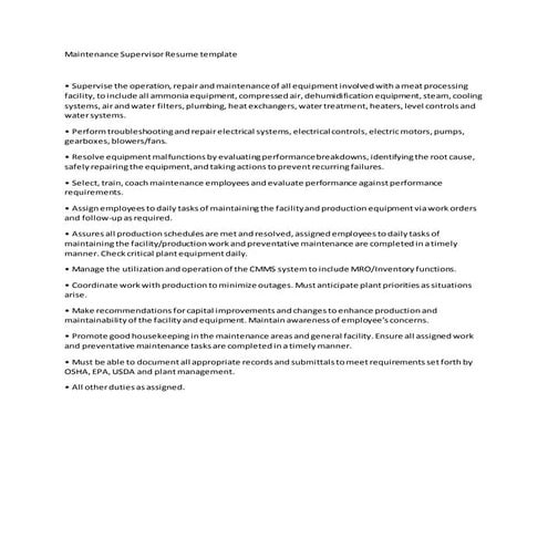 Maintenance Supervisor Resume template | DOCX