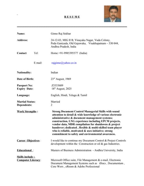 CV - Sr. Document Controller - Aconex - Passport - Mr. Satishkumar ...