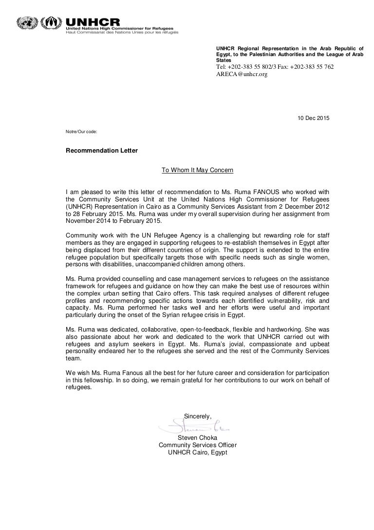 recomendation letter from unhcr community recommendation letter