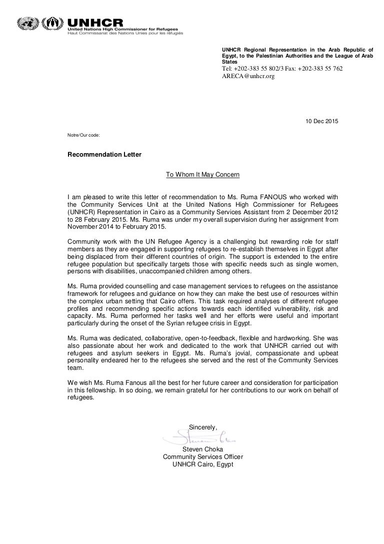 recomendation letter from UNHCR