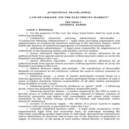 Law on electricity market of Ukraine - English version