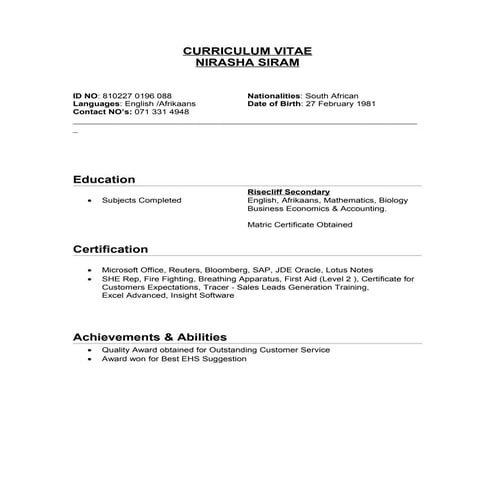 CURRICULUM VITAE- NIRASHA SIRAM