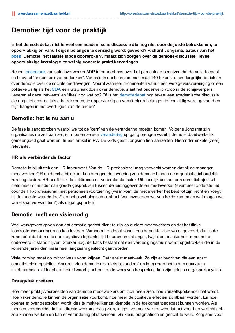overduurzameinzetbaarheid.nl-Demotie tijd voor de praktijk