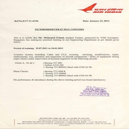 Air India- Experience certificate