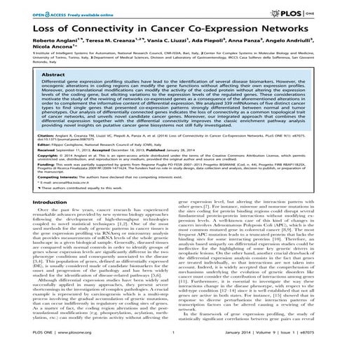 Loss of Connectivity in Cancer Co-Expression Networks - PLoS ONE 9(1): e87075...