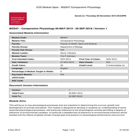ICIS Module Spec - BI2S47 Comparative Physiology