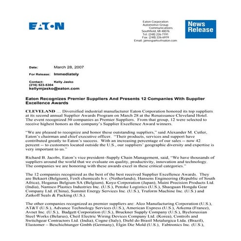 Eaton Premier Supplier Award | PDF