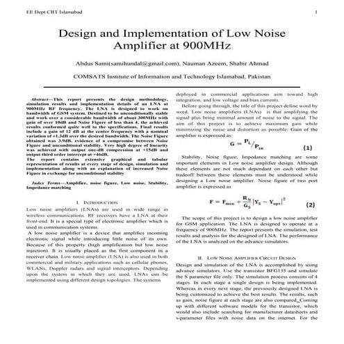 Design and Implementation of LNA at 900MHz for GSM applications