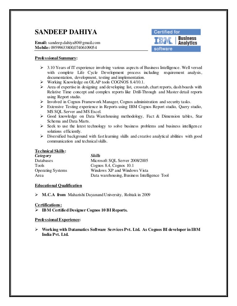 cognos sample resume
