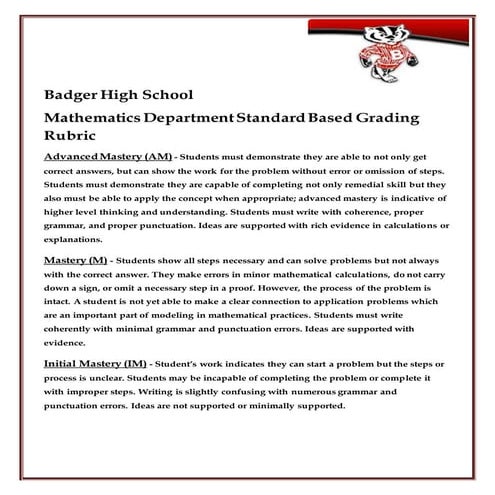 Badger High School Mathematics Rubric