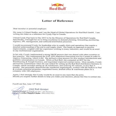 Red Bull Letter of Reference