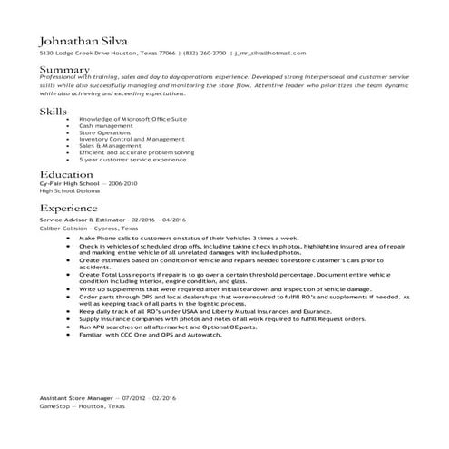 Johnathan Silva Resume