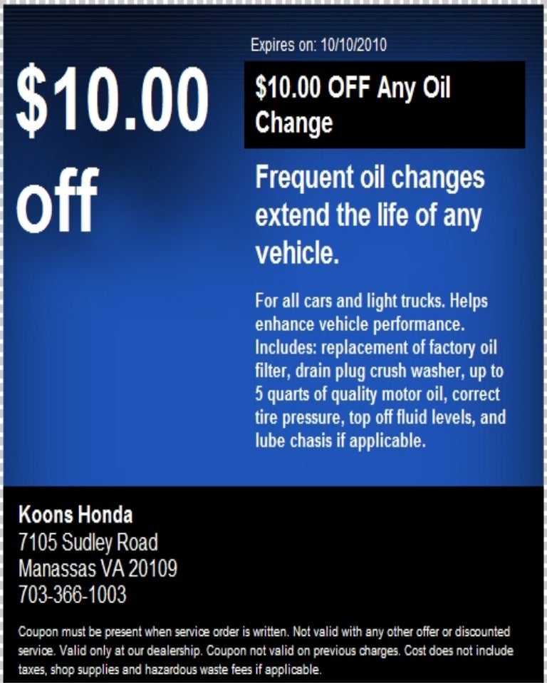 Manassas Koons Honda Oil Change Coupon VA