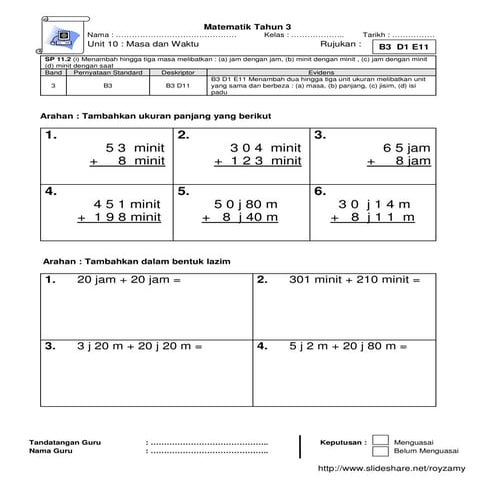 Matematik Tahun 3 Masa dan Waktu Operaasi Tambah B3 D1 E11