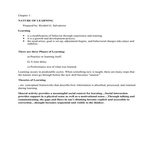 1. nature of learning 2.theories of learning   rizabel salvatierra