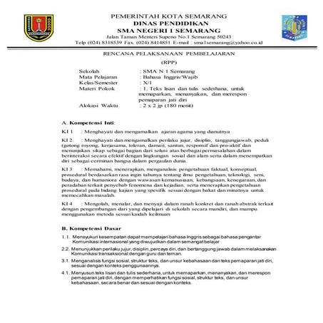 RPP BAHASA INGGRIS PEMAPARAN JATI DIRI KELAS X KURIKULUM 2013