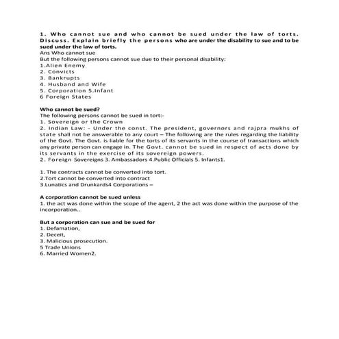 Who cannot sue and who cannot be sued under the law of torts