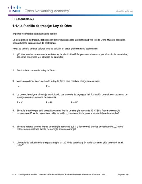 Worksheet ohm's law