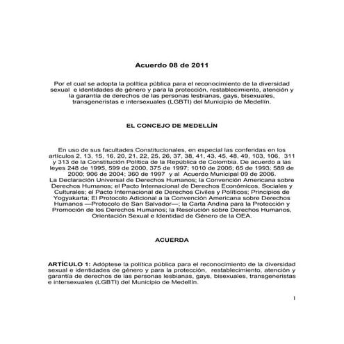 Acuerdo 08 del 3 de mayo de 2011. PP Lgbti Medellín