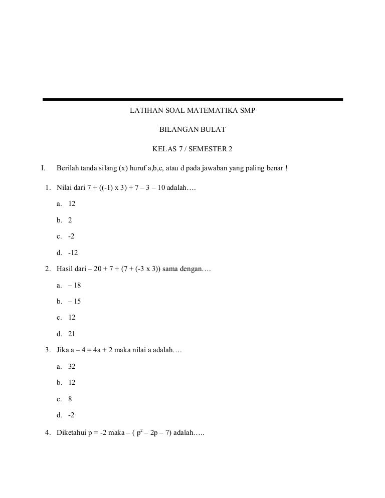1 Latihan Soal Matematika Bilangan Bulat Smp 1 Latihan Soal Matematika Bilangan Bulat Smp