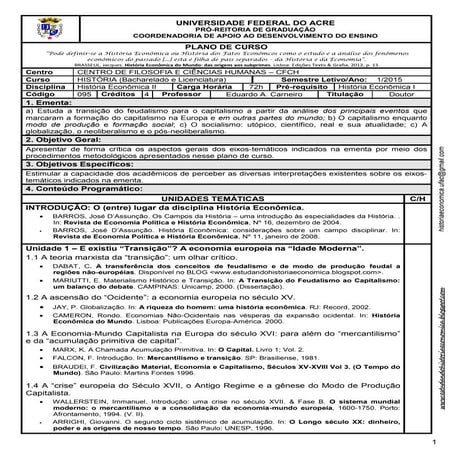 1. plano de curso   história econômica ii. 1º sem.2015. eduardo carneiro