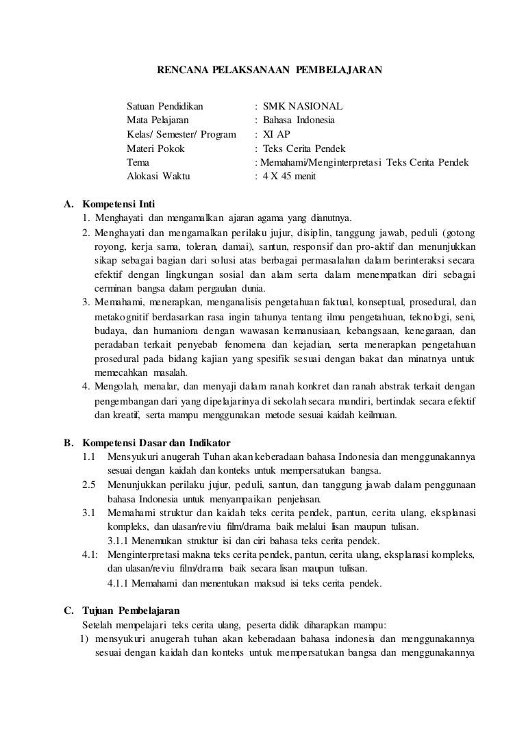 contoh rpp teks cerpen