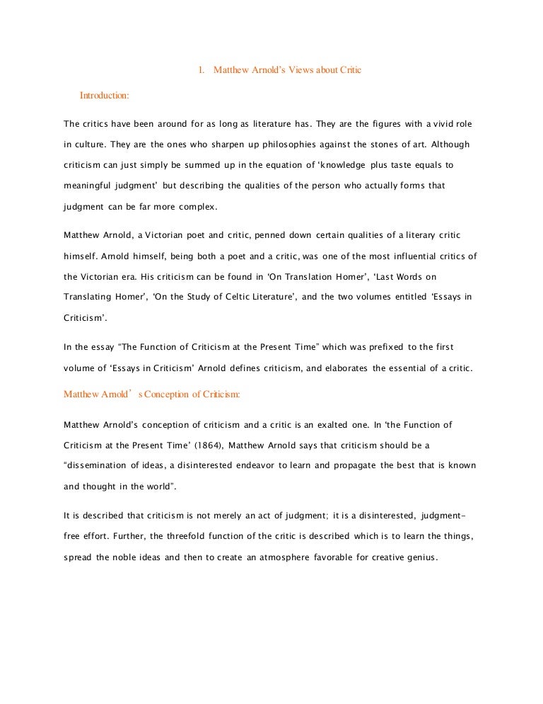 1 Matthew Arnold S Views About Critic