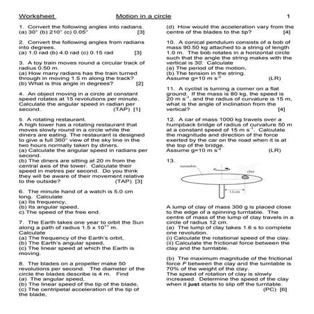 Circular motion ws1 | PDF