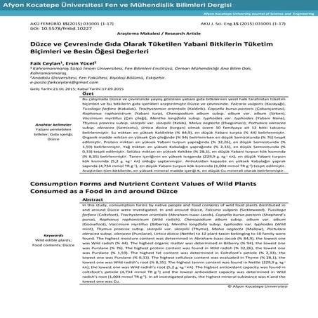 Düzce ve Çevresinde Gıda Olarak Tüketilen Yabani Bitkilerin Tüketim Biçimleri...