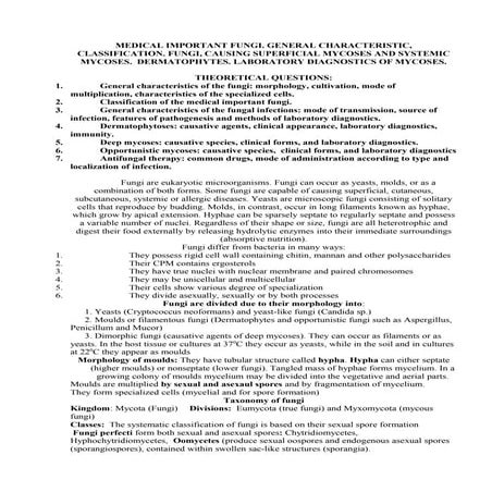 Classification of Fungi. Superficial Mycoses & Systemic Mycoses. Dermatophyte...