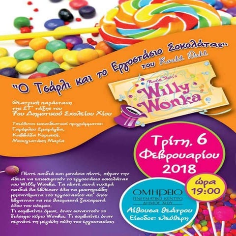 ΘΕΑΤΡΙΚΗ ΠΑΡΑΣΤΑΣΗ ΤΩΝ ΜΑΘΗΤΩΝ ΤΗΣ ΣΤ΄ΤΑΞΗΣ "Ο ΤΣΑΡΛΙ ΚΑΙ ΤΟ ΕΡΓΟΣΤΑΣΙΟ ΣΟΚΟΛΑΤΑΣ" ΣΤΑ ΠΛΑΙΣΙΑ ΠΡΟΓΡΑΜΜΑΤΟΣ ΣΤΟ ΜΑΘΗΜΑ ΤΗΣ ΑΓΓΛΙΚΗΣ ΓΛΩΣΣΑΣ