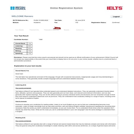 Rainiero Leon Flores - British Council IELTS test.