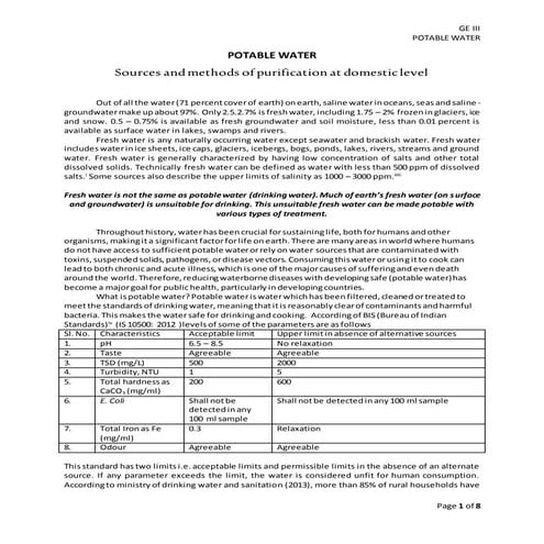potable water   sources and methods of purification at domestic level