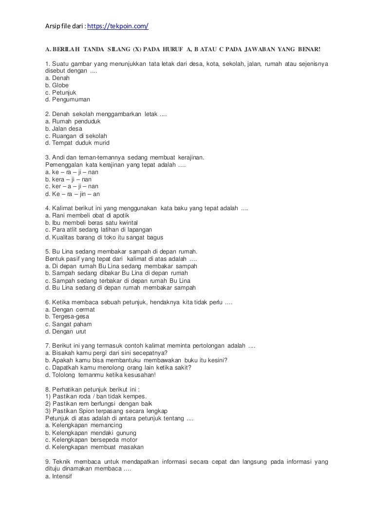 Soal Bahasa Kelas 4 Semester 1 Tekpoin Com