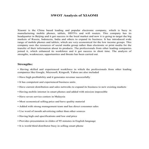 SWOT Analysis of XIAOMI