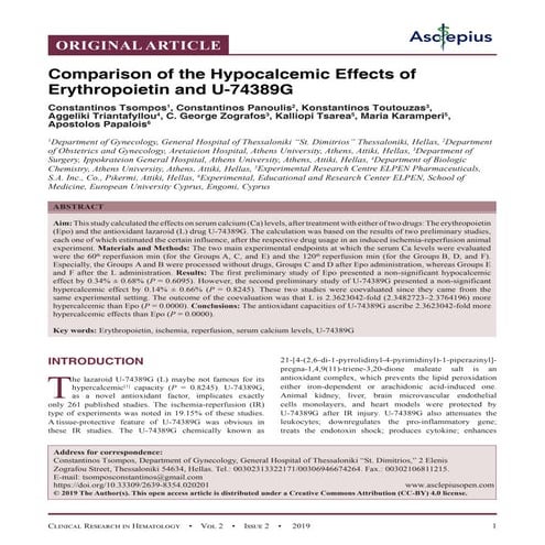 Comparison of the Hypocalcemic Effects of Erythropoietin and U-74389G