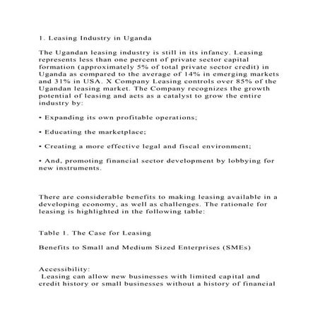 1. Leasing Industry in Uganda  The Ugandan leasing industry is s