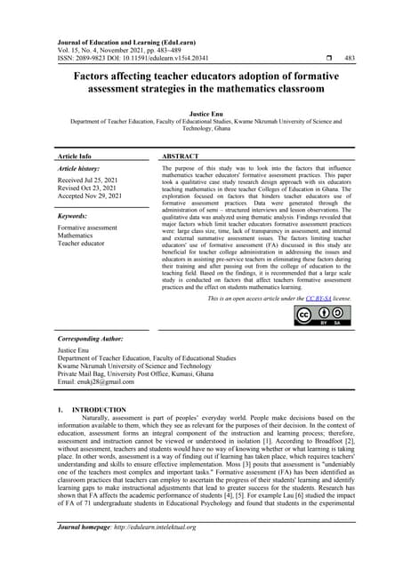Factors affecting teacher educators adoption of formative assessment strategi...
